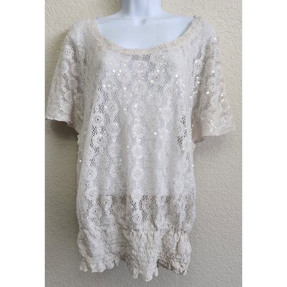Deb White Lace Sequin Dolman Sleeve Top 1X Plus Lightweight Elastic Banded Waist - Picture 1 of 5